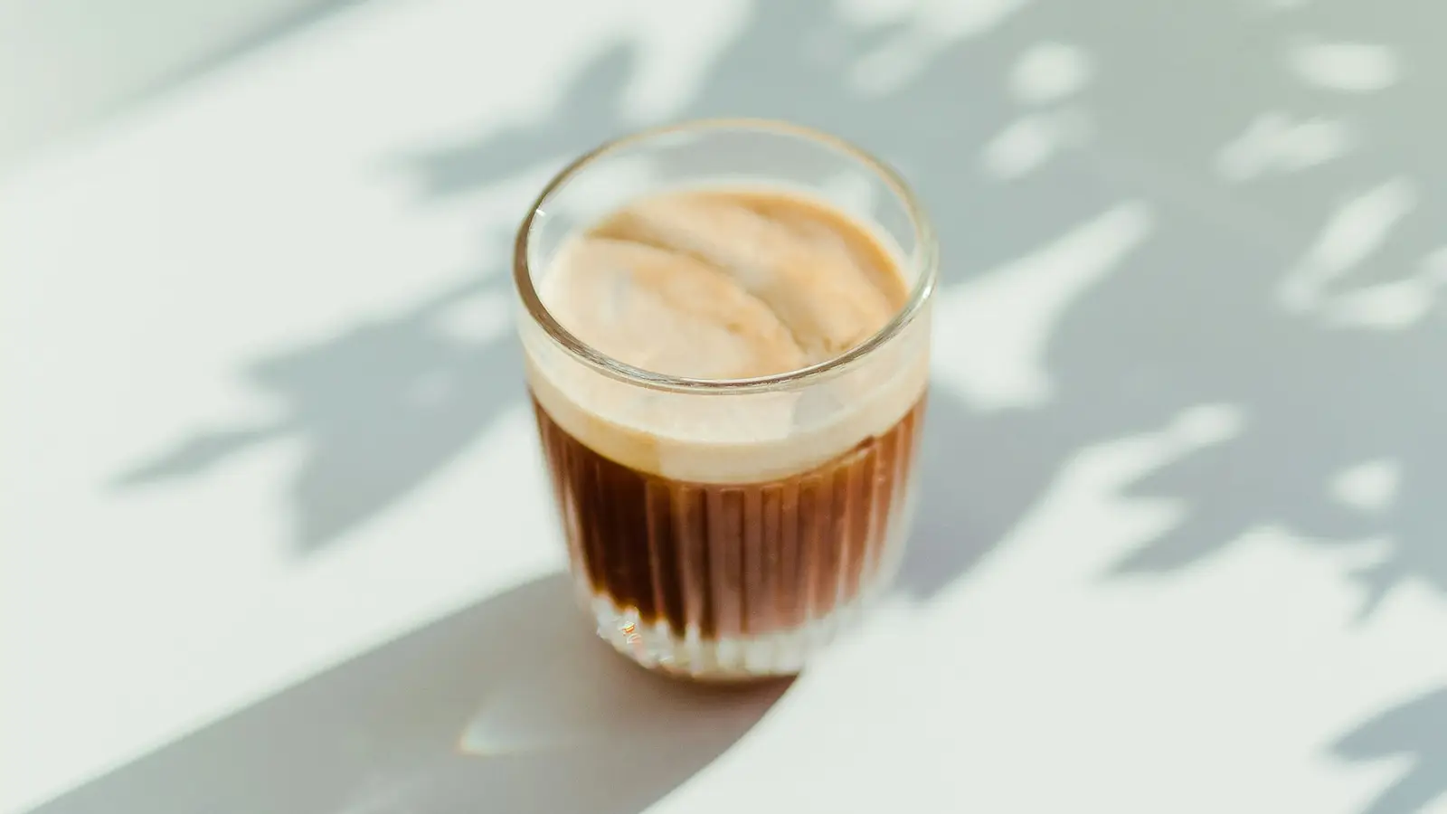 A small glass of cortado on a pale table with leaf shadows